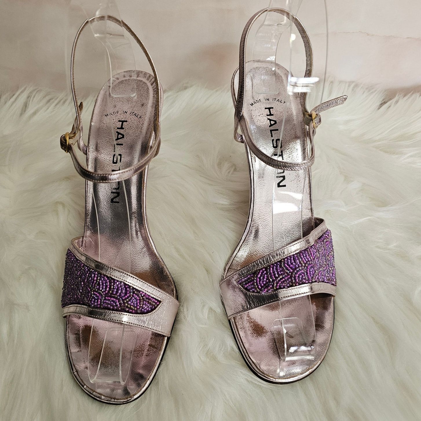 Halston EUC VTG HALSTON Lavander Beaded Metallic Heel Sandals 7.5 Size US 7.5 / IT 37.5 - 2 Thumbnail