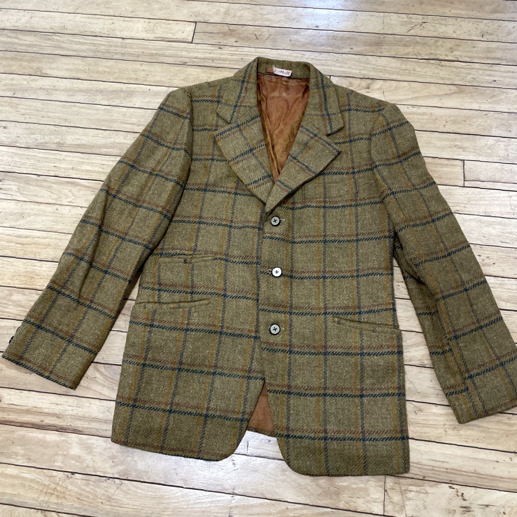 Vintage VINTAGE Hitex Blazer Wool Tweed Plaid Lined 1970s Mustard M Single-Breasted 3-Button notched lapel Unisex Adults Jacket Coat Mens Womens Size 40R - 2 Thumbnail