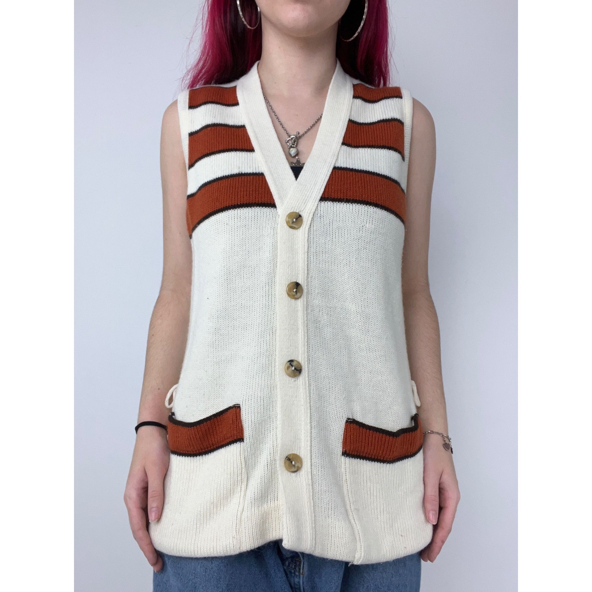 Other Vintage 80s Brown & White Cardigan Size L / US 10 / IT 46 - 1 Thumbnail