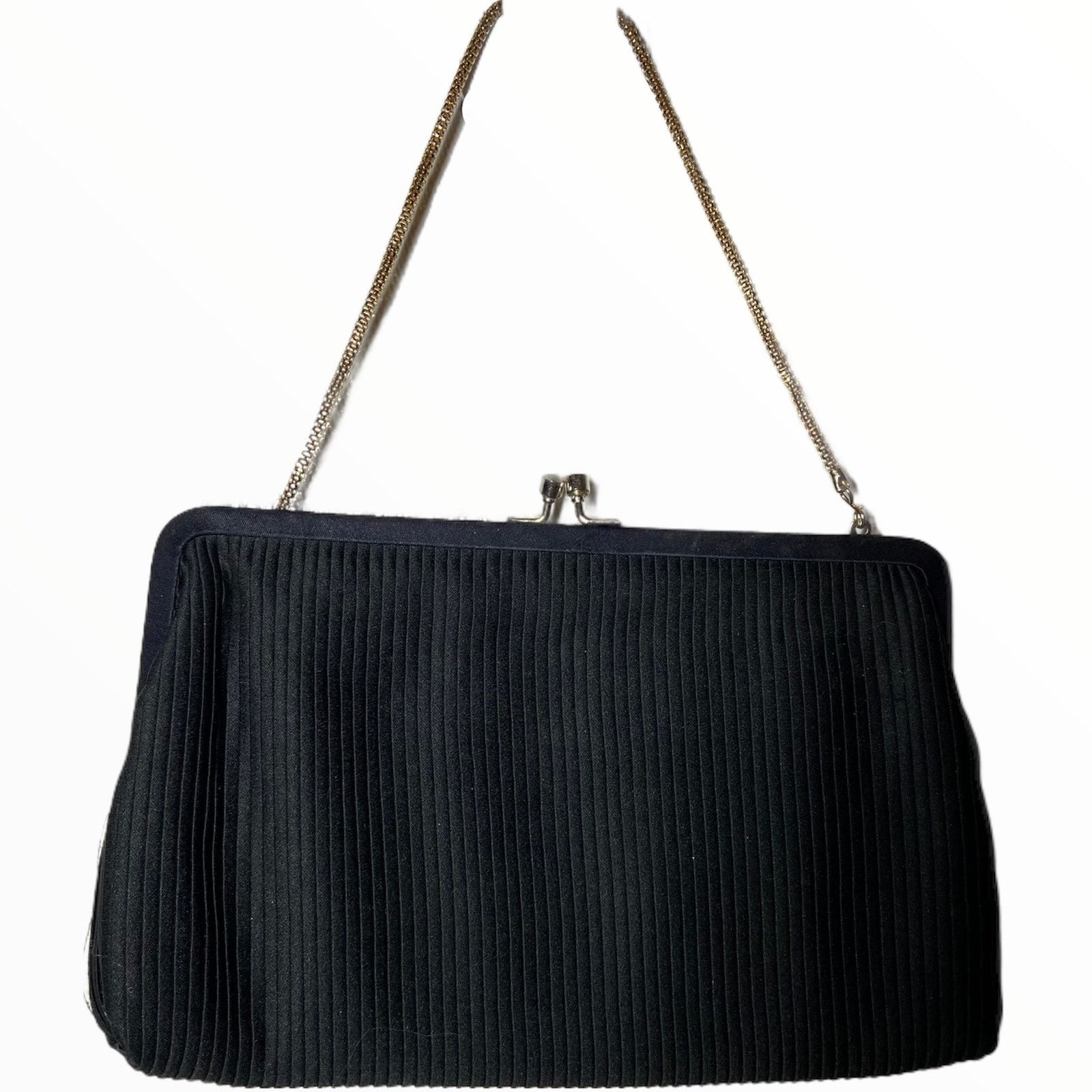 80's VTG Kiss Lock Evening Bag Chain Convertible Clutch Satin in Black, Women's