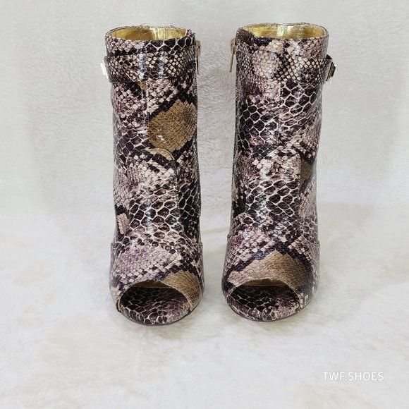 Other Adamarys Brown Snake Print Open Toe Ankle Boots Gold Slim St Size US 7 / IT 37 - 2 Thumbnail