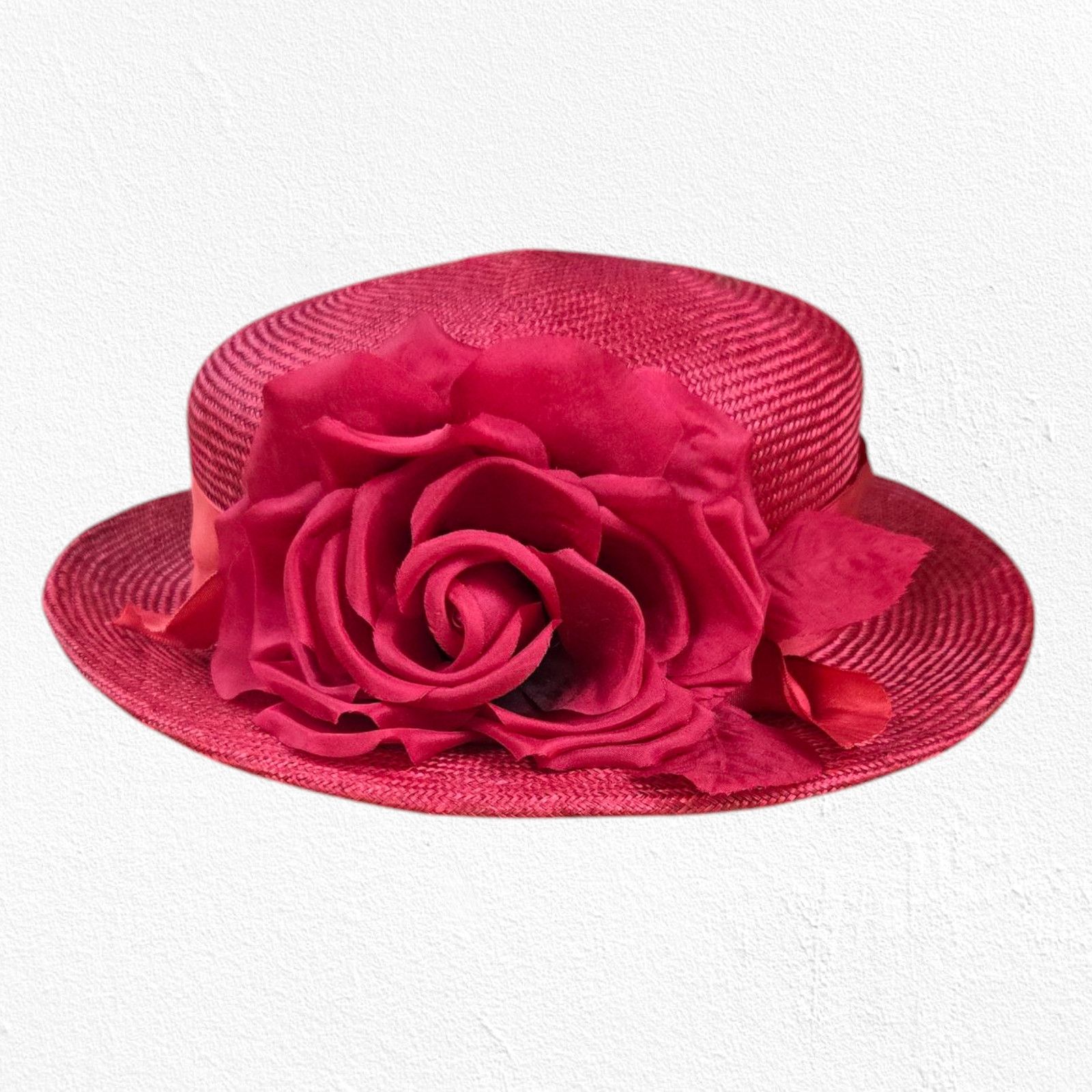 Vintage Red Straw Hat Wide Brim Floral Derby Hat