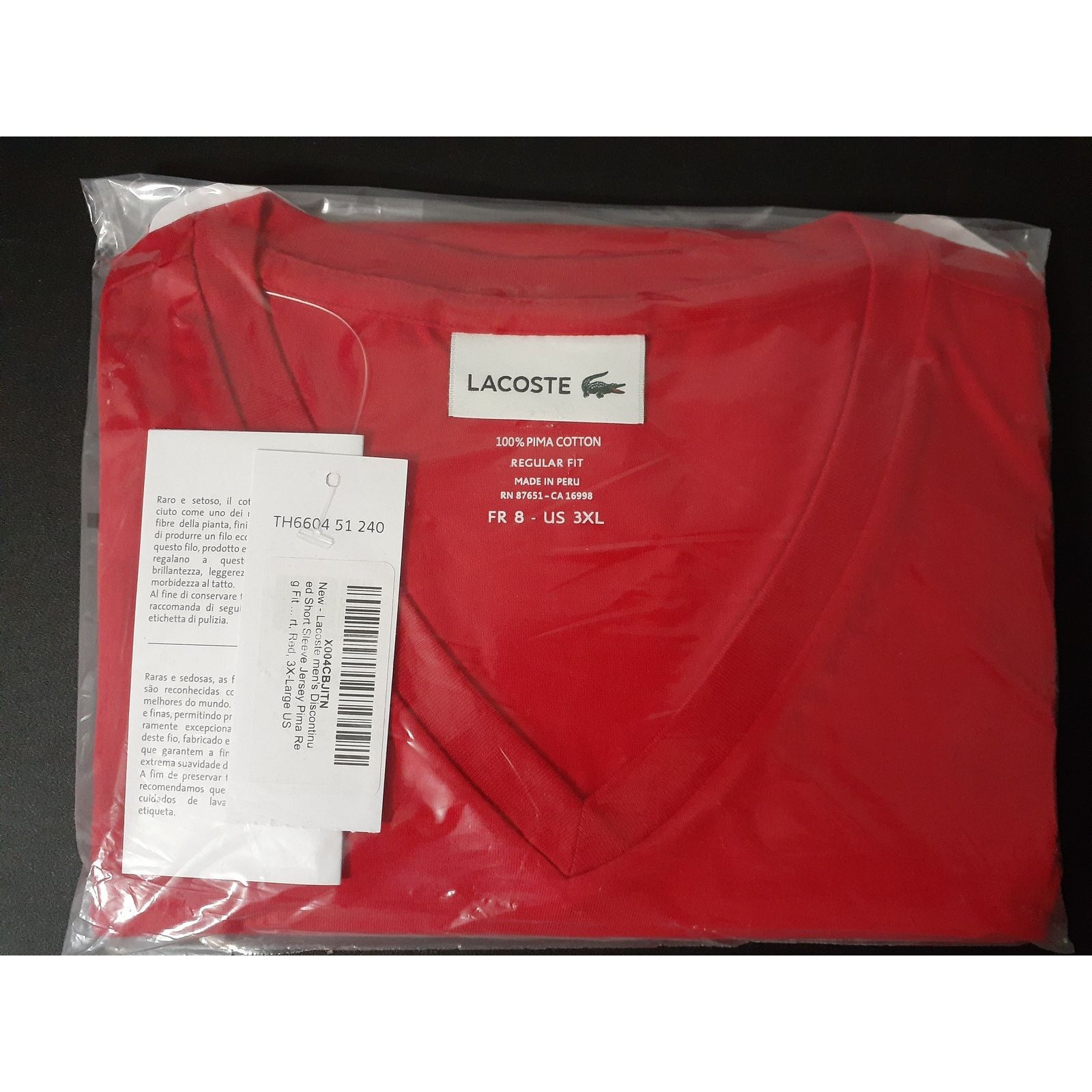 Lacoste Lacoste Men's Jersey Pima Reg Fit V Neck T-Shirt Red 3XL Size US XXL / EU 58 / 5 - 2 Thumbnail