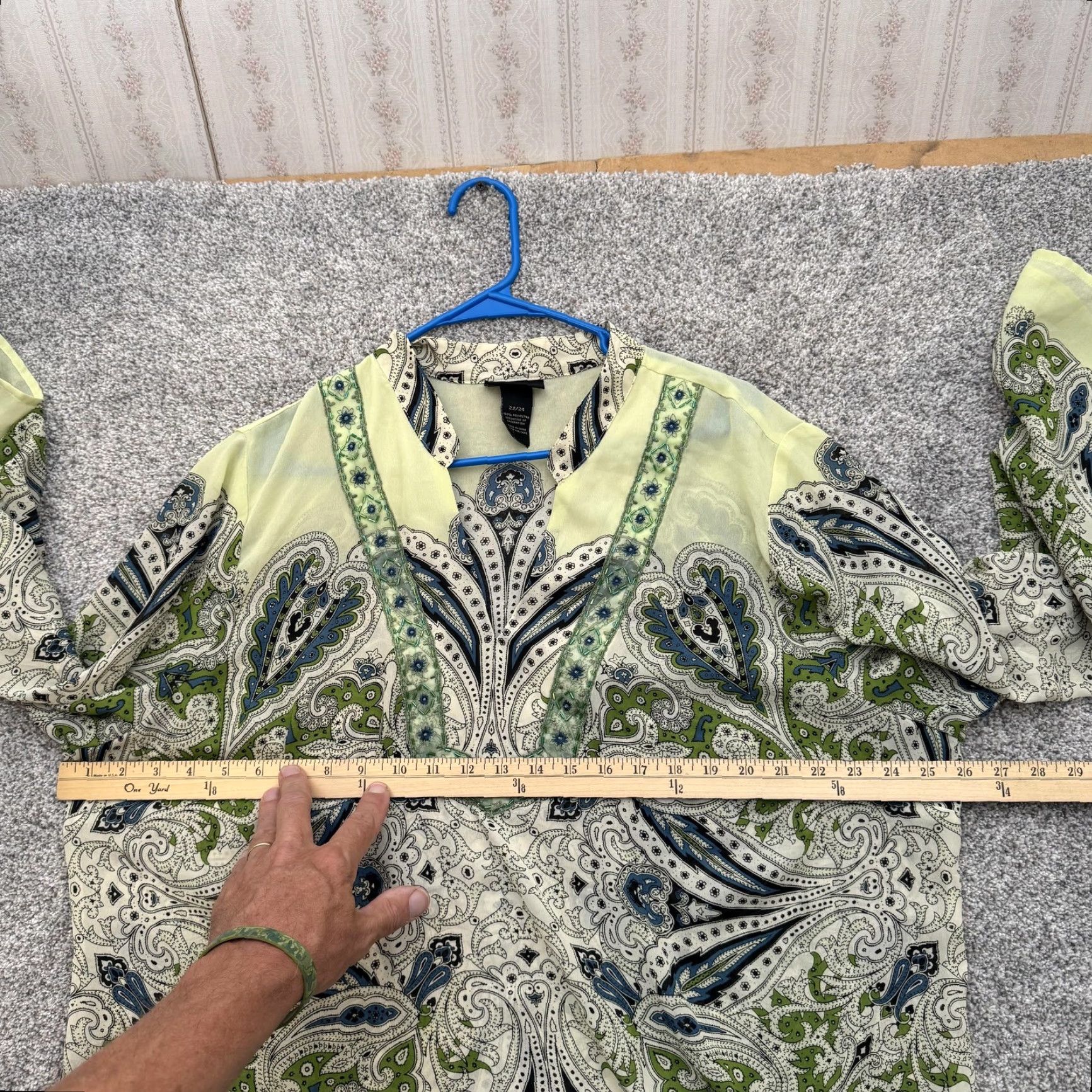 Vintage Lane Bryant Shirt Womens 22-24 Green Paisley Beaded Tunic Blouse Boho Sheer 3/4 Sleeve V-Neck Plus Size Womens Size 3XL / US 20-22 - 3 Thumbnail
