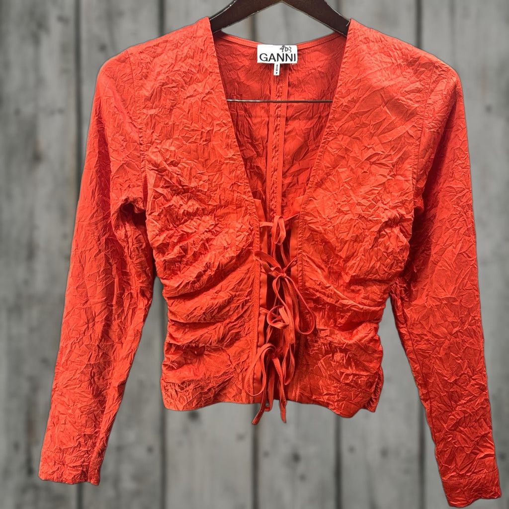 Ganni GANNI Blouse Women's 0 32 Tie Front Crinkled Satin Top Red Long Sleeve V-Neck Lace Up Cropped Blouse Bohemian Designer Style Shirt Womens Size XS / US 0-2 / IT 36-38 - 1 Thumbnail