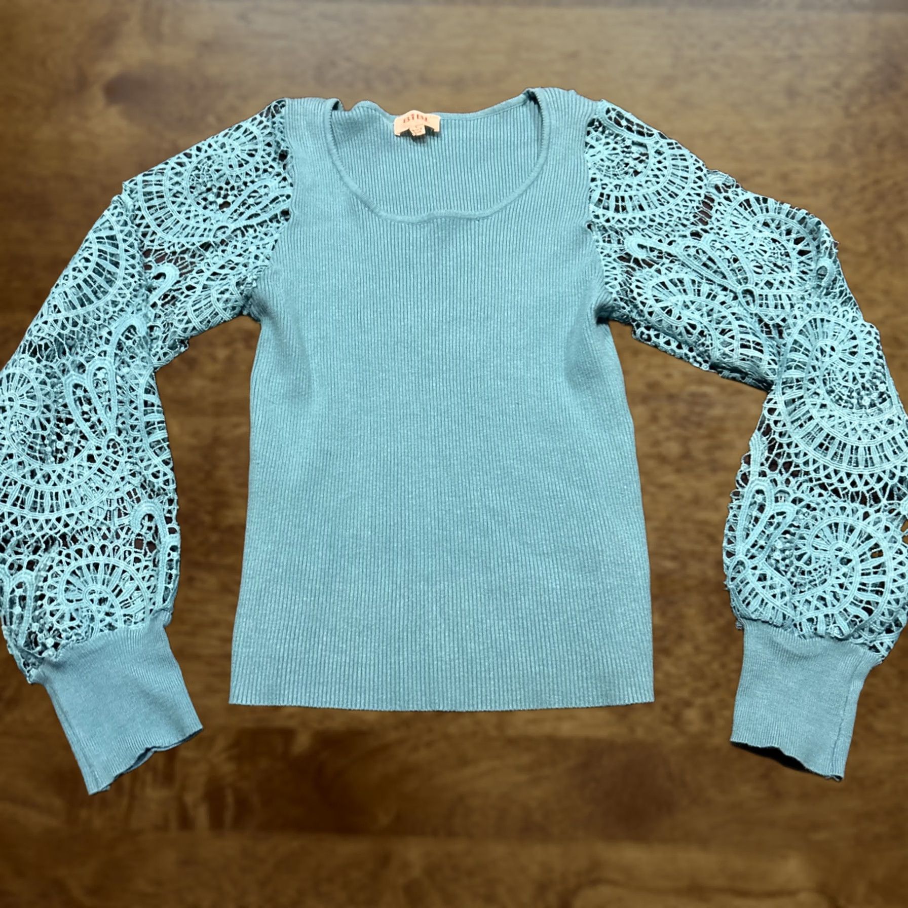 Vintage VINTAGE not | Bibi Blouse | Blouse | L | Teal Blue | Viscose Blend | Puff Sleeve | Crew Neck | Short Sleeve | ZIP Pullover? Size L / US 10 / IT 46 - 1 Thumbnail