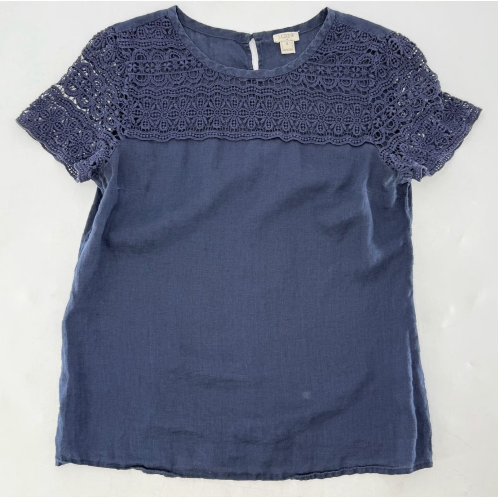 J.Crew VINTAGE? No — J.Crew Factory Navy Blue Crochet Lace Yoke Linen Short Sleeve Blouse Sz 4 Boho Size S / US 4 / IT 40 - 6 Thumbnail