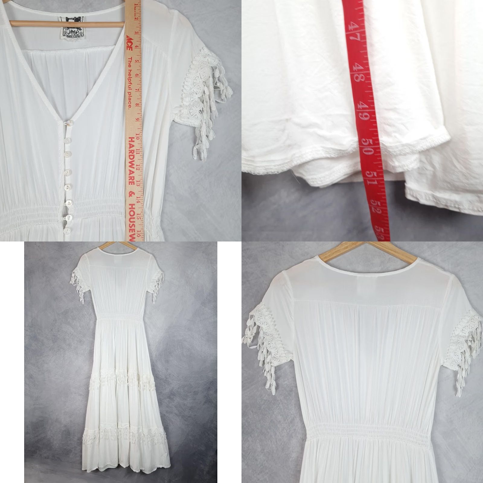 Vintage Jaase Dress Womens XS White Boho Maxi Button Front Smocked Tassel Fringe Size XS / US 0-2 / IT 36-38 - 10 Thumbnail