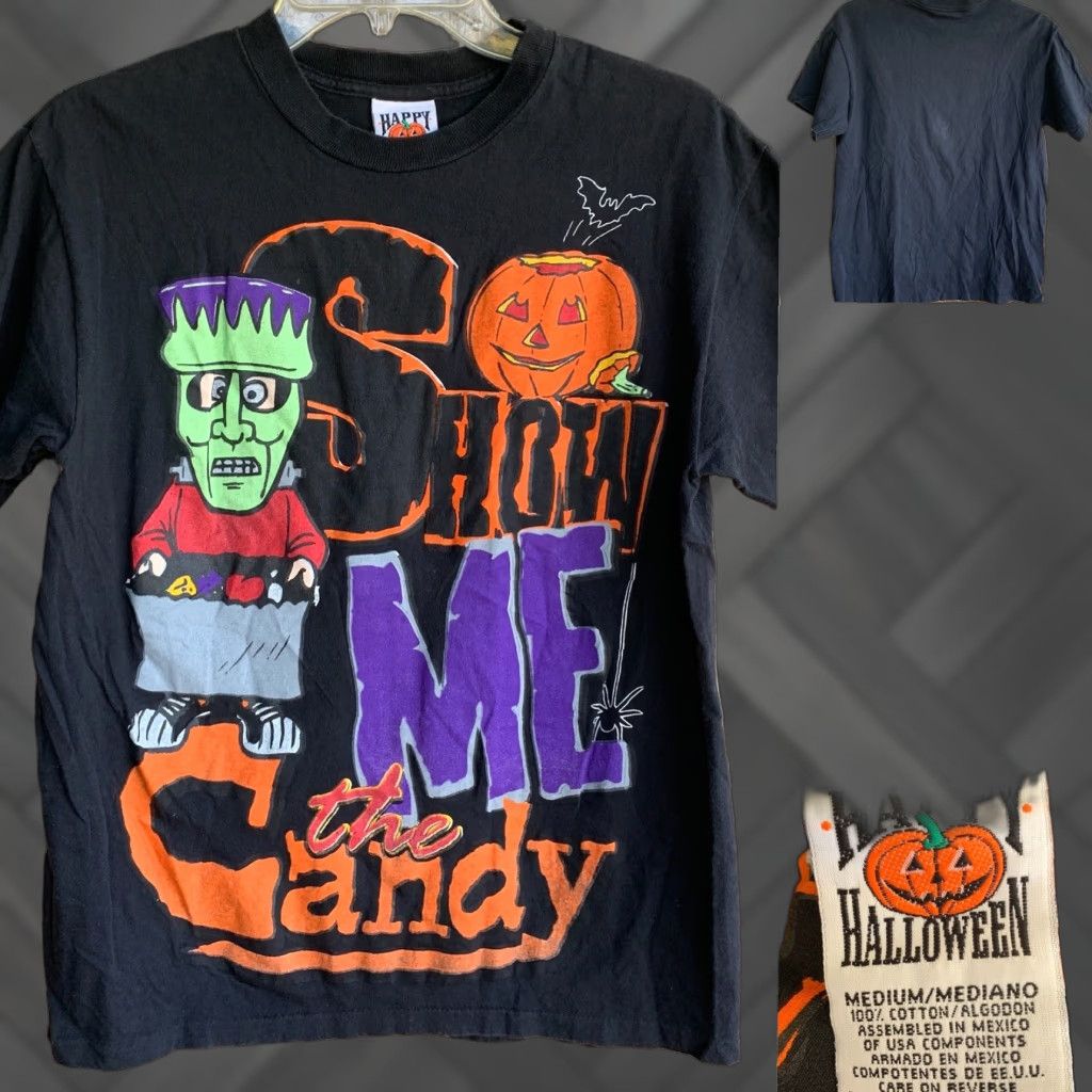 Vintage VINTAGE Happy Halloween Frankenstein T-Shirt Shirt M Black Graphic Print Mens Halloween 90s (Show Me The Candy) Size US M / EU 48-50 / 2 - 1 Thumbnail