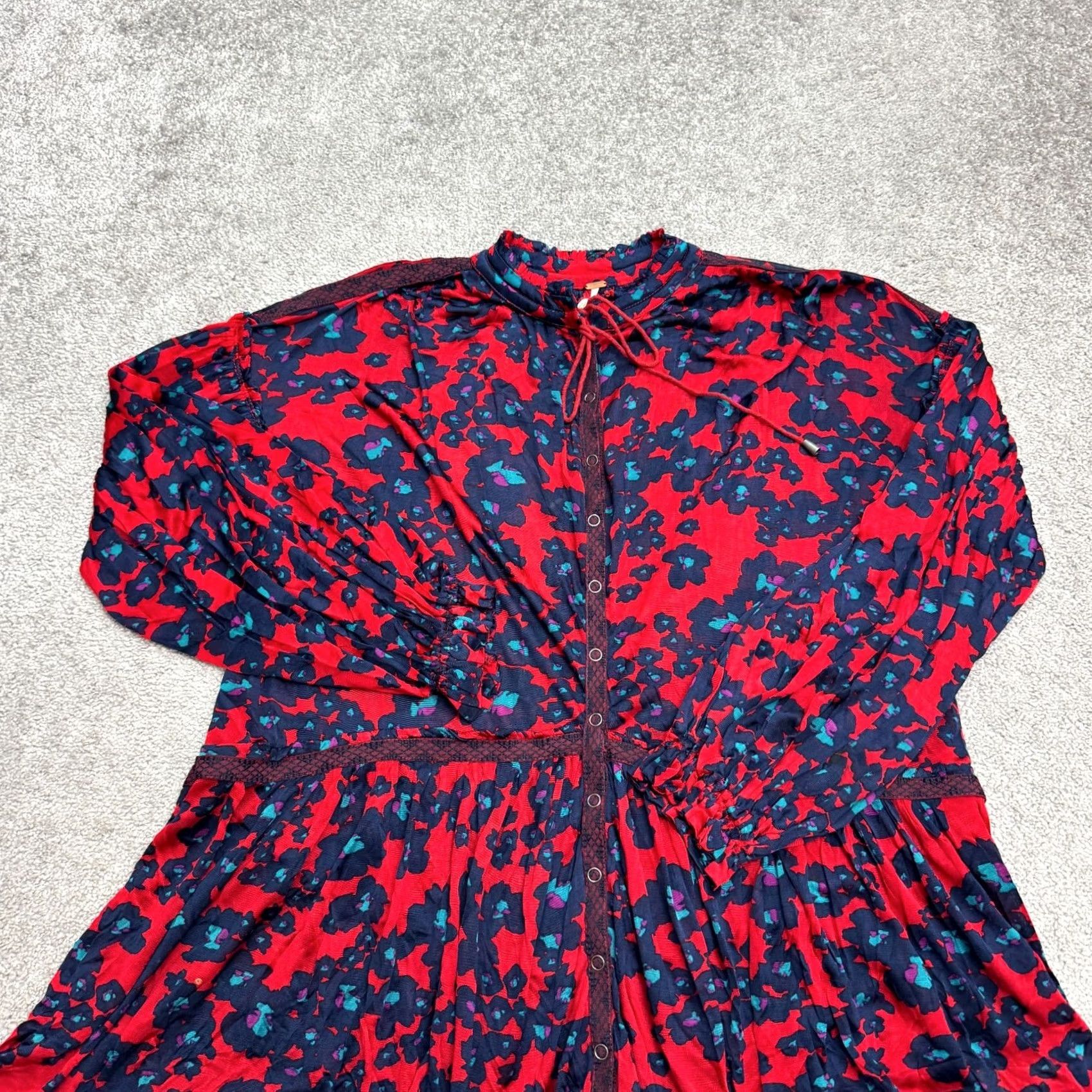 Free People Free People Floral Mini Dress Womens XS Navy Red Button Front Long Sleeve Boho Size XS / US 0-2 / IT 36-38 - 3 Thumbnail