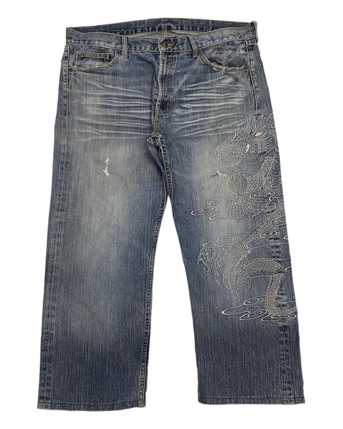 Dragonfly VINTAGE JAPANESE DRAGON EMBROIDERY BAGGY DISTRESSED DENIM Size US 39 - 2 Thumbnail