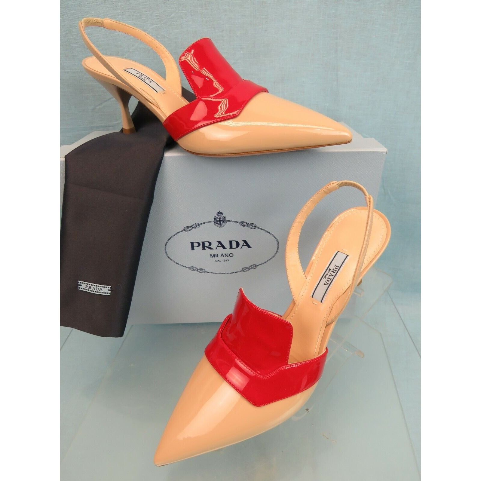 Prada 1I270L BEIGE RED PATENT LEATHER POINTED TOE MULES PUMPS 39 Size US 9 / IT 39 - 6 Thumbnail