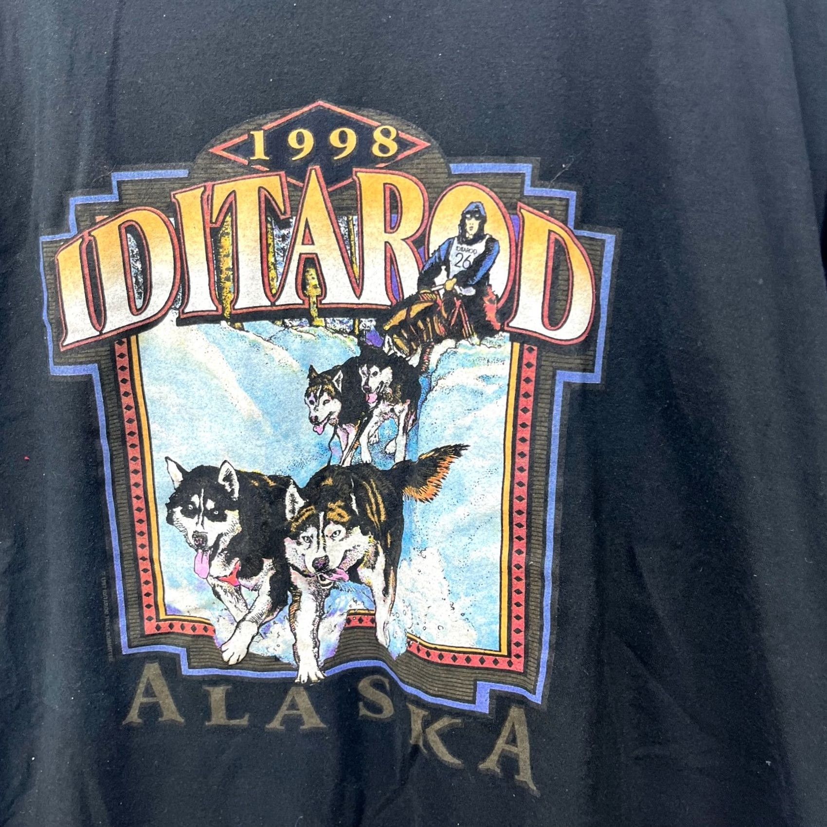 Jerzees VINTAGE Alaska Nature Husky Sled T-Shirt 2XL JERZEES Black Cotton Knit Crew Neck Short Sleeve Graphic Print Mens 90s Theme Nature Double-Sided Size US XXL / EU 58 / 5 - 3 Thumbnail