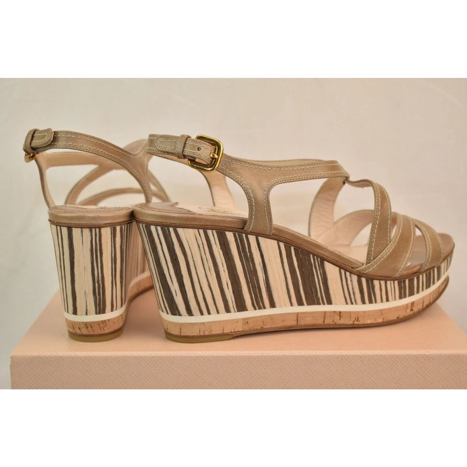 Prada PRADA 1XZ BEIGE BROWN LEATHER WEDGE PLATFORM SANDALS 40.5 IT Size US 10.5 / IT 40.5 - 4 Thumbnail