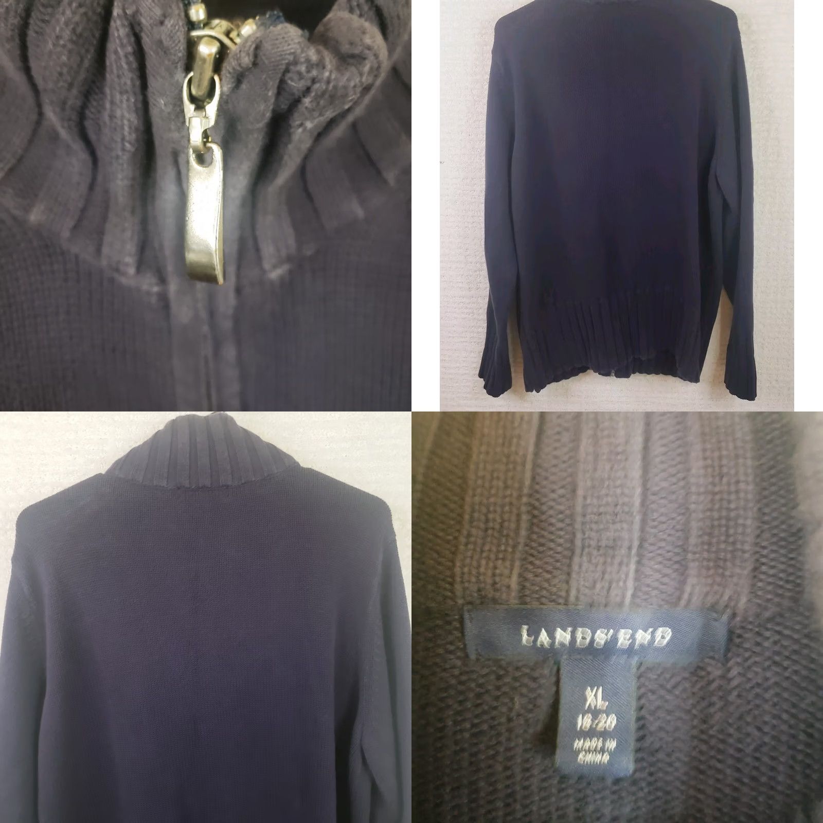 Lands' End Lands' End Women's XL Navy Blue Full Zip Mock neck Knit Sweater Cotton Size XL / US 12-14 / IT 48-50 - 8 Thumbnail