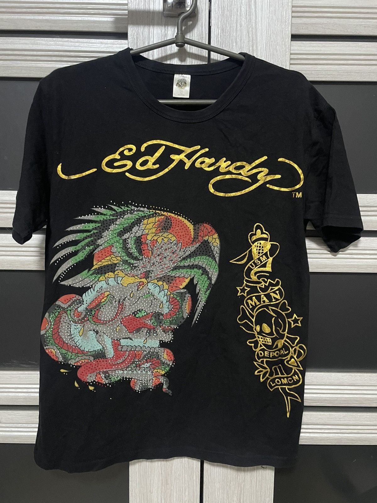 ED HARDY by CHRISTIAN AUDIGIER Rhinestone PeacockTee, BLACK/MULTI, Mens deals XL,NWOT