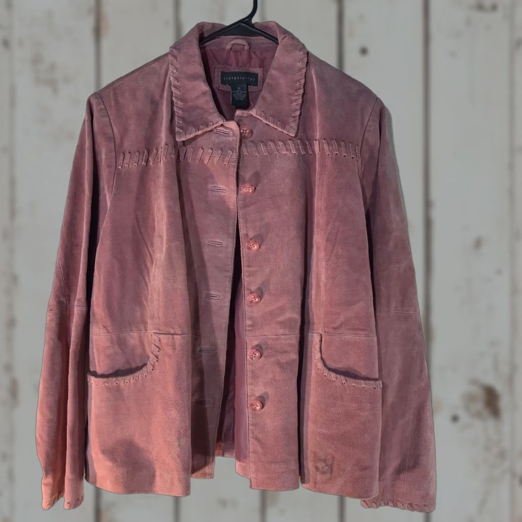 Pinko Relativity Pink Suede Leather Jacket Womens XL Casual Business Party Fall Winter Long Sleeve Size XL / US 12-14 / IT 48-50 - 1 Thumbnail