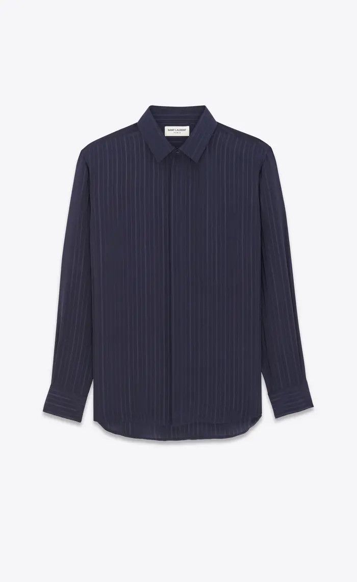 Saint Laurent Paris oc11z0126 646850 Shirt in Striped Silk Crepe De Chine Blue Size US M / EU 48-50 / 2 - 1 Thumbnail