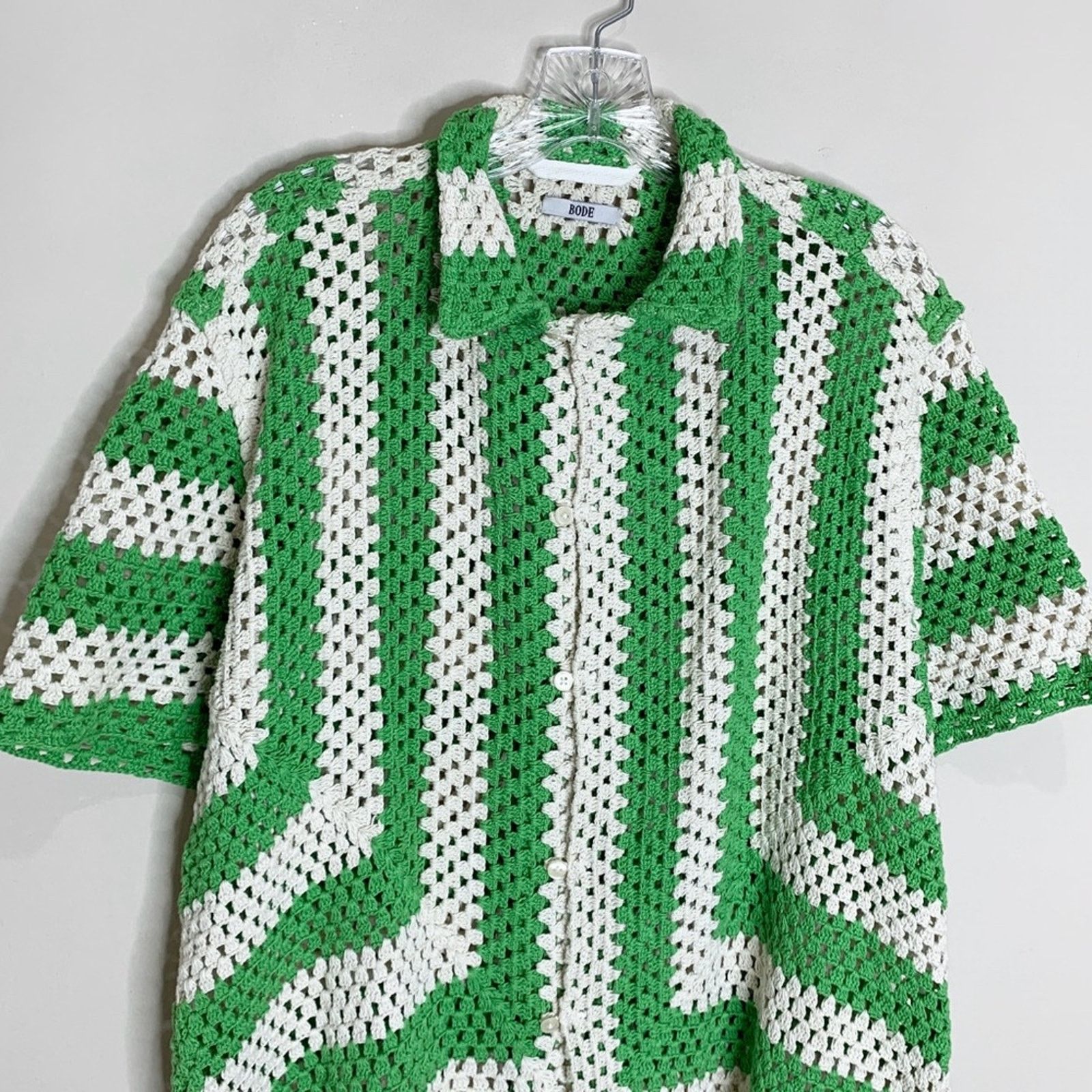 Bode Bode Crochet Shirt (Sz S/M) Flagship Striped Green Cream Size US M / EU 48-50 / 2 - 6 Thumbnail