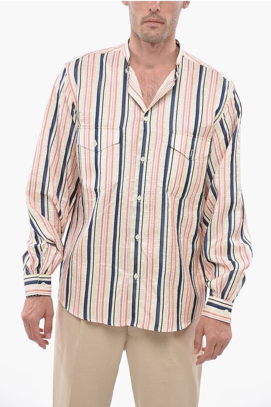 image of Bally Silk Striped Shirt With Band Collar, Men's (Size Medium)