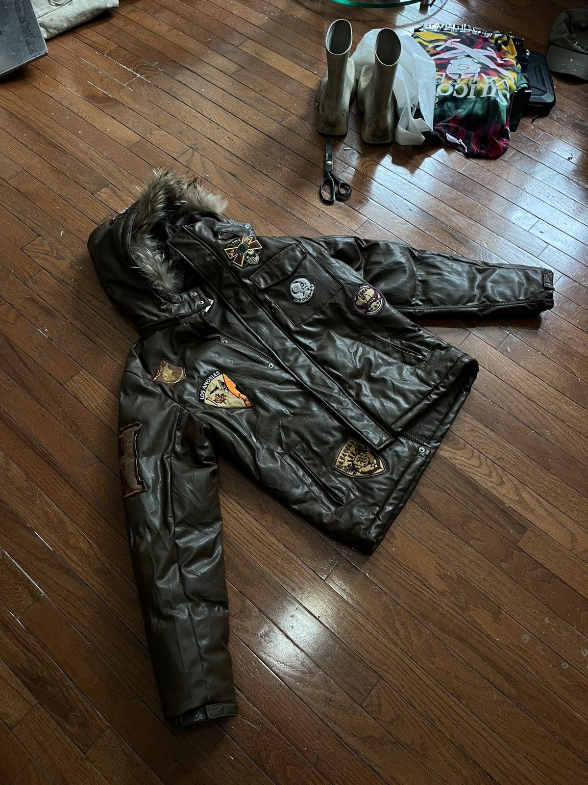 Japanese Brand Brown leather bomber/parka fur, patches Size US M / EU 48-50 / 2 - 4 Thumbnail