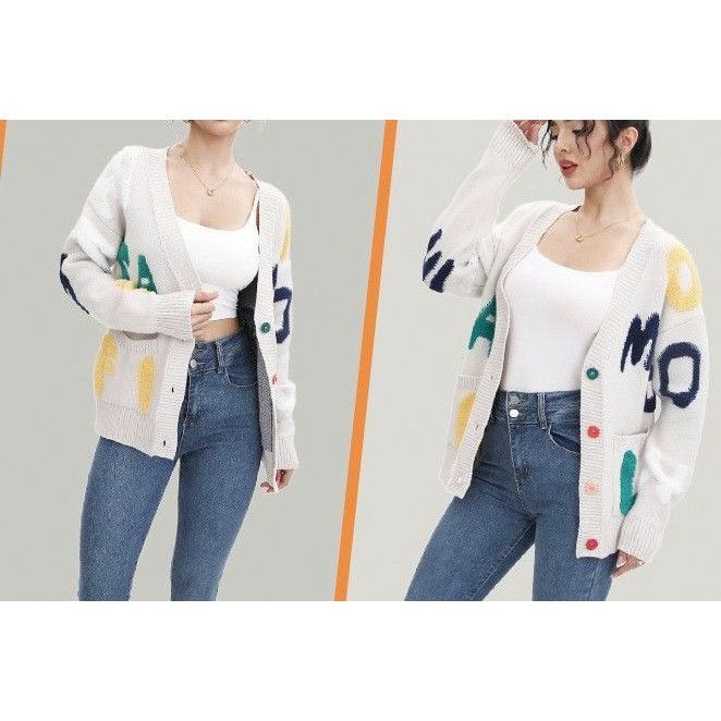 Other Women's Sheep Embroidered Sweater V-Neck Cardigan Cream Size Size L / US 10 / IT 46 - 1 Thumbnail