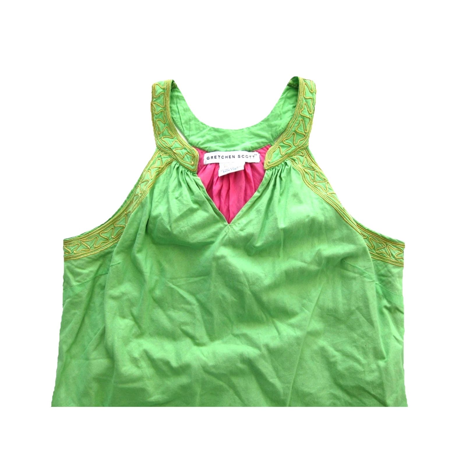 Vintage Gretchen Scott 100% Cotton Green Embroidered Gold Tunic Tank Dress M-L - Vintage Women's Maxi Kaftan Sleeveless V-Neck Pullover Dress Size M / US 6-8 / IT 42-44 - 3 Thumbnail