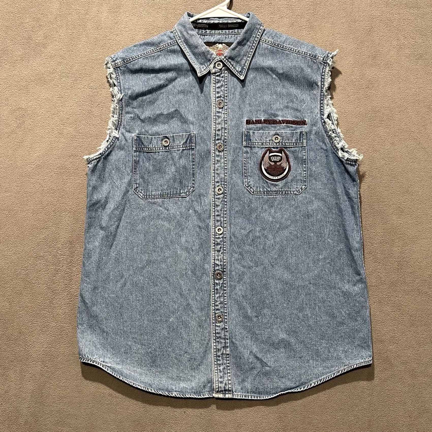 Harley Davidson VINTAGE Harley-Davidson Shirt L Denim 105th Anniversary 2008 Button Down Sleeveless Mens Size US L / EU 52-54 / 3 - 2 Thumbnail