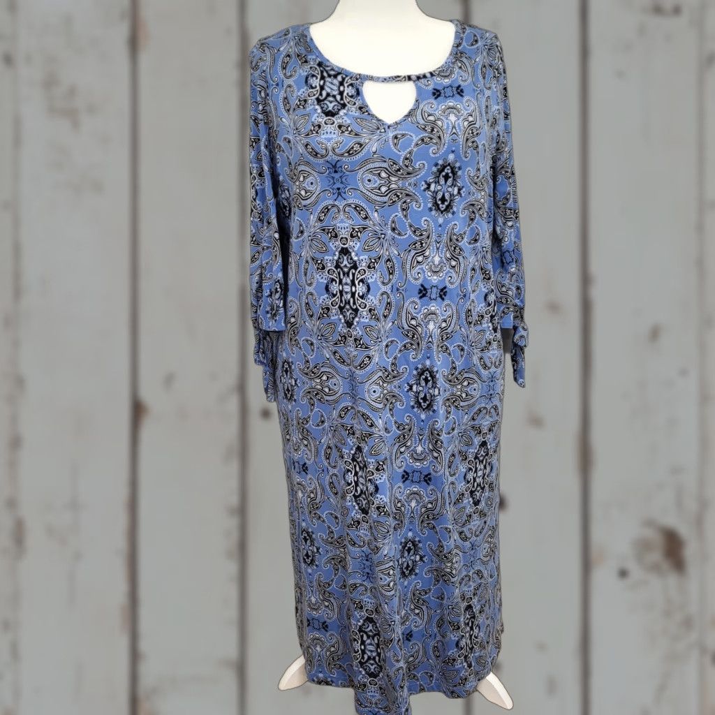 Vintage Jessica London Dress Plus Size 20W Blue Paisley Long Tie Sleeves Keyhole Size 3XL / US 20-22 - 1 Thumbnail