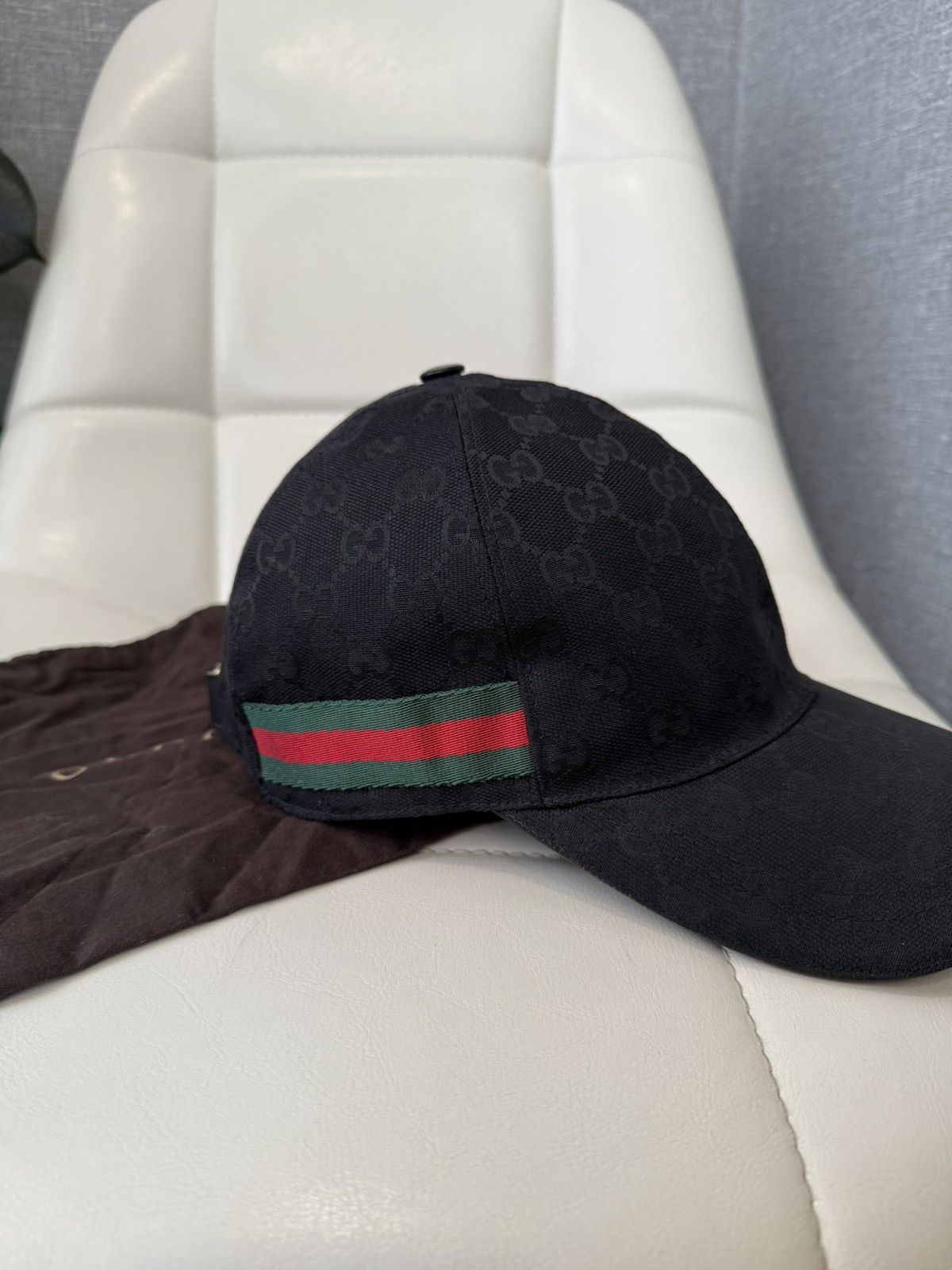 Gucci Gucci GG Black Monogram Baseball Cap with Web Stripe Hat Size ONE SIZE - 8 Thumbnail