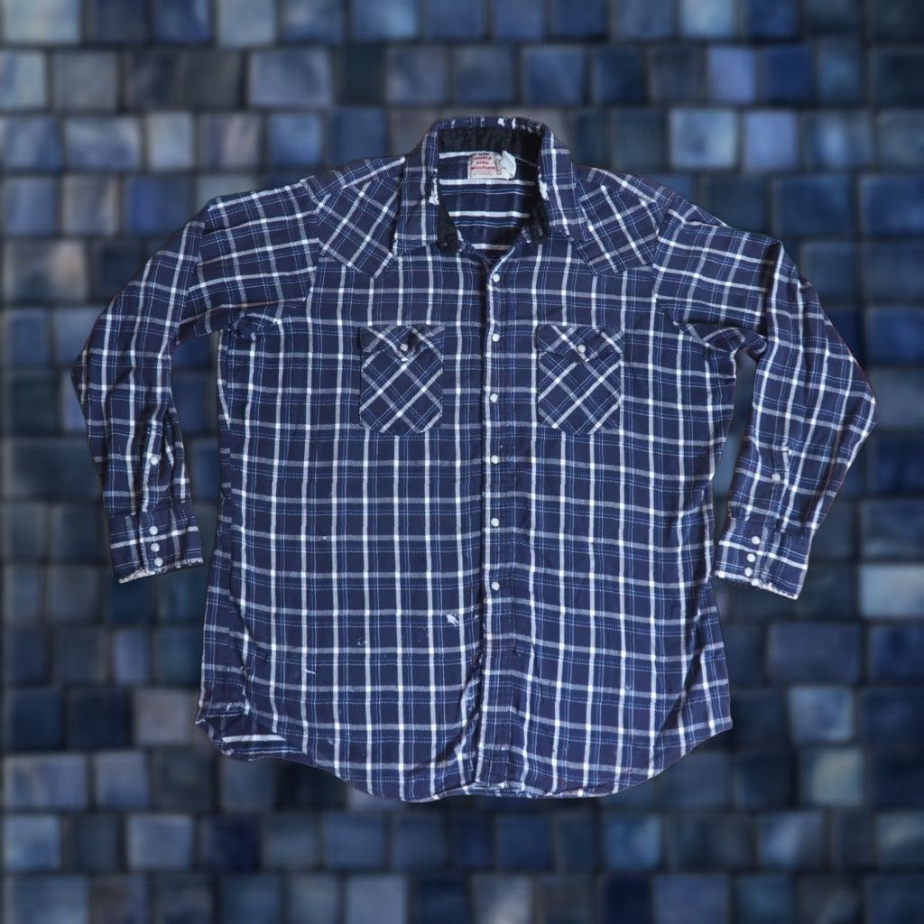 Vintage VTG Saddle King Cotton Blue White Western Flannel Grunge Pearl Snap Shirt 2X Size US XXL / EU 58 / 5 - 1 Thumbnail