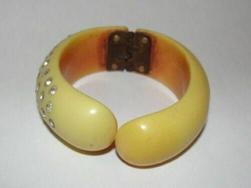 Designer Butterscotch Bakelite Rhinestone Clamper Bracelet Size ONE SIZE - 2 Thumbnail