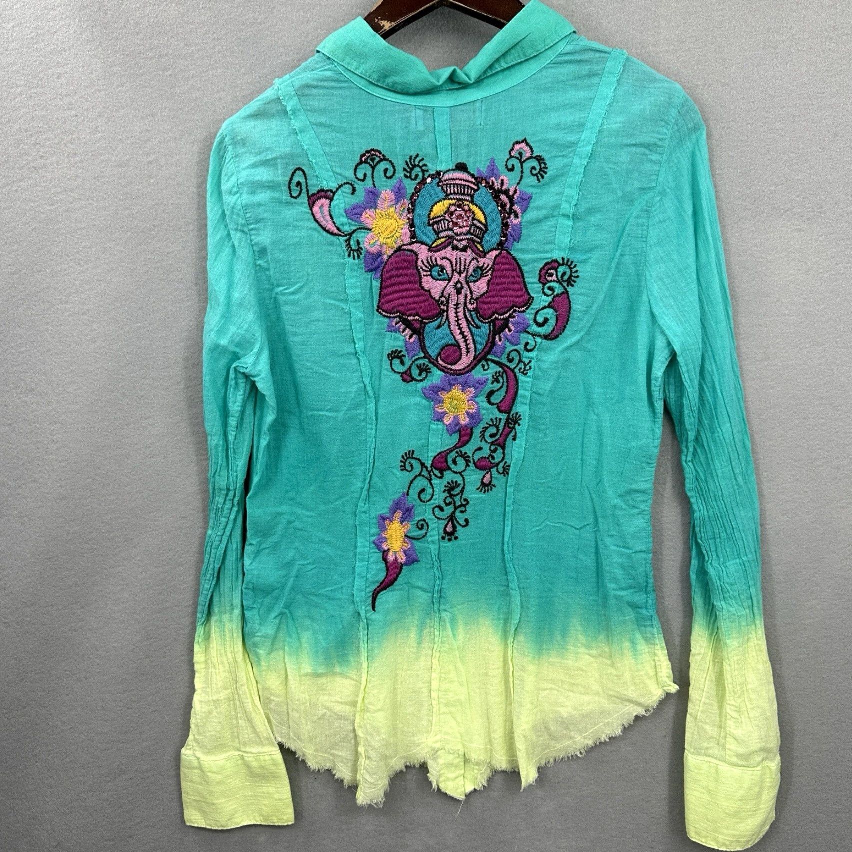 Vintage Love Junkie Blouse Womens Large Ganesha Elephant Ombre Embellished Gauze Long Size L / US 10 / IT 46 - 5 Thumbnail