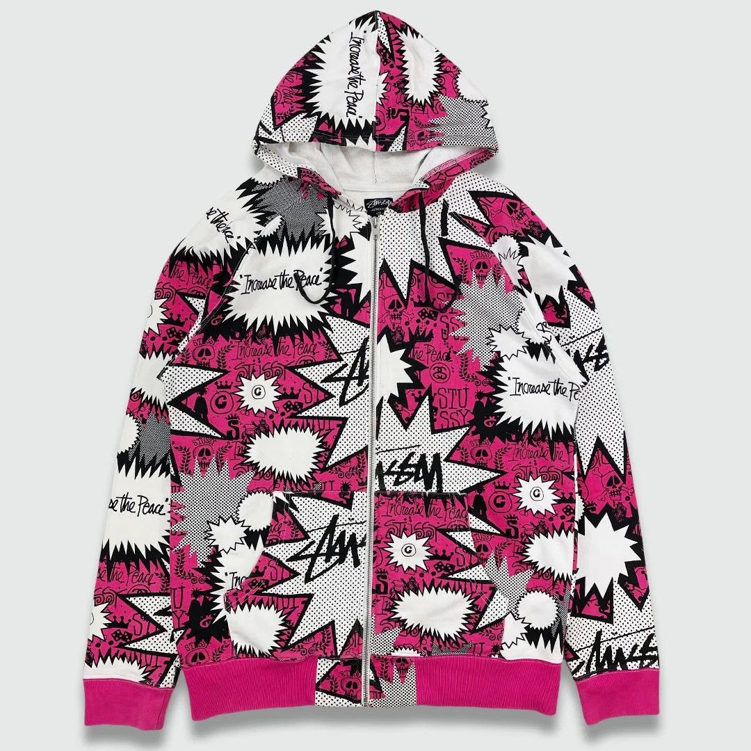 Stussy Stüssy Zip Hoodie All Over Print Pink Graphic Streetwear Size US L / EU 52-54 / 3 - 9 Thumbnail