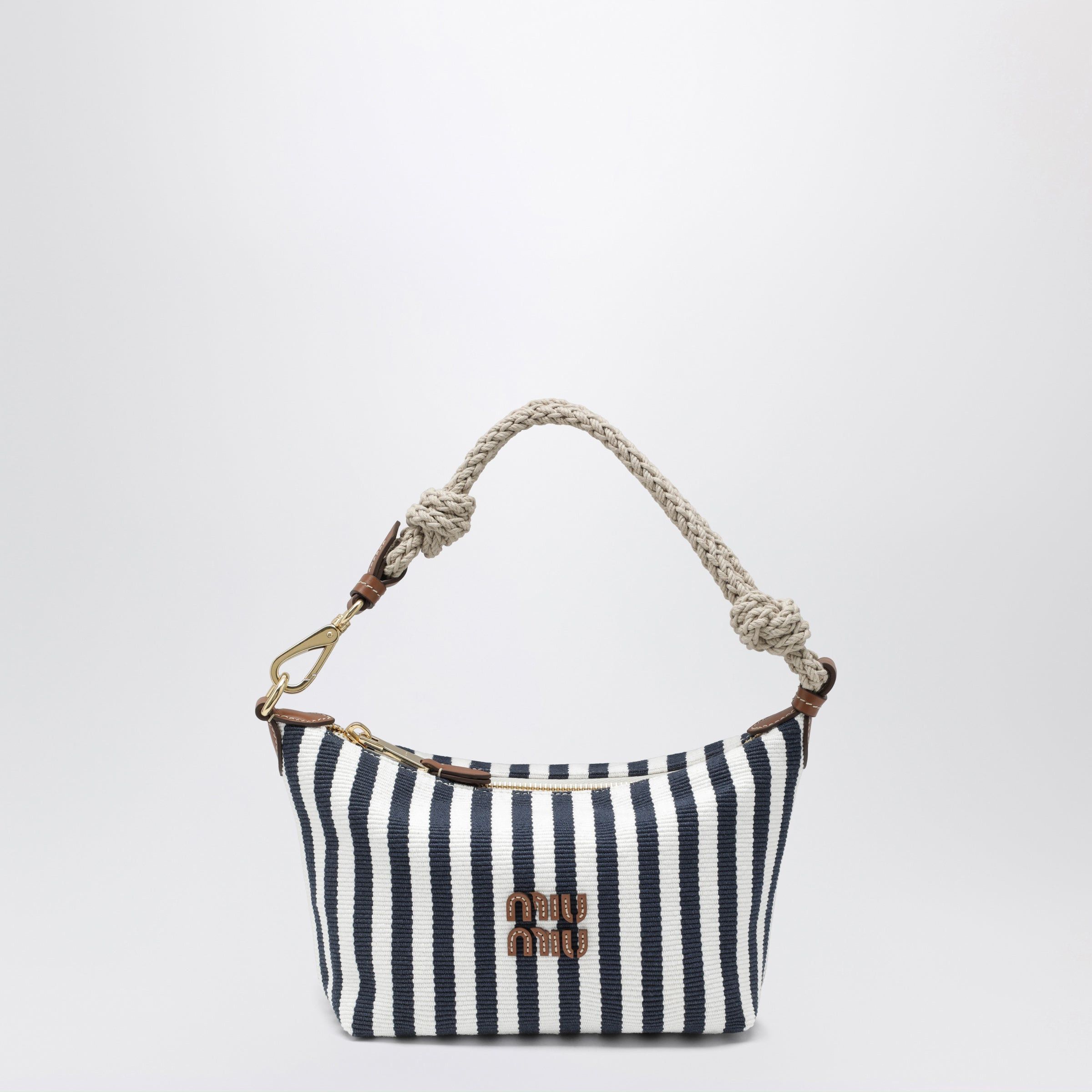 Miu Miu Miu Miu Striped Jacquard Cotton And Leather Pouch, Blue/Cognac Size ONE SIZE - 1 Thumbnail