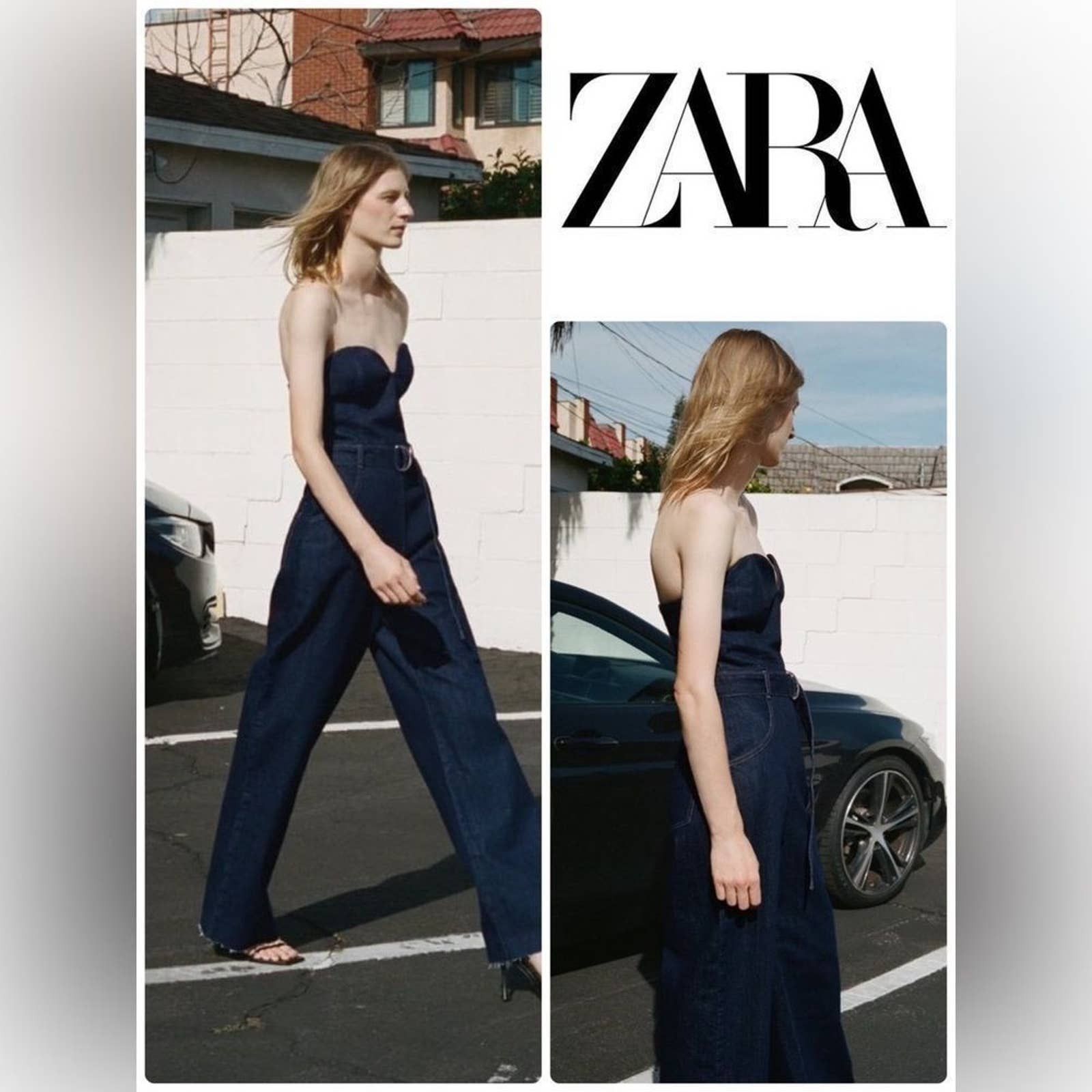 image of Zara Zw Denim Bustier Jumpsuit 088S/089Xs in Blue, Women's (Size 26)
