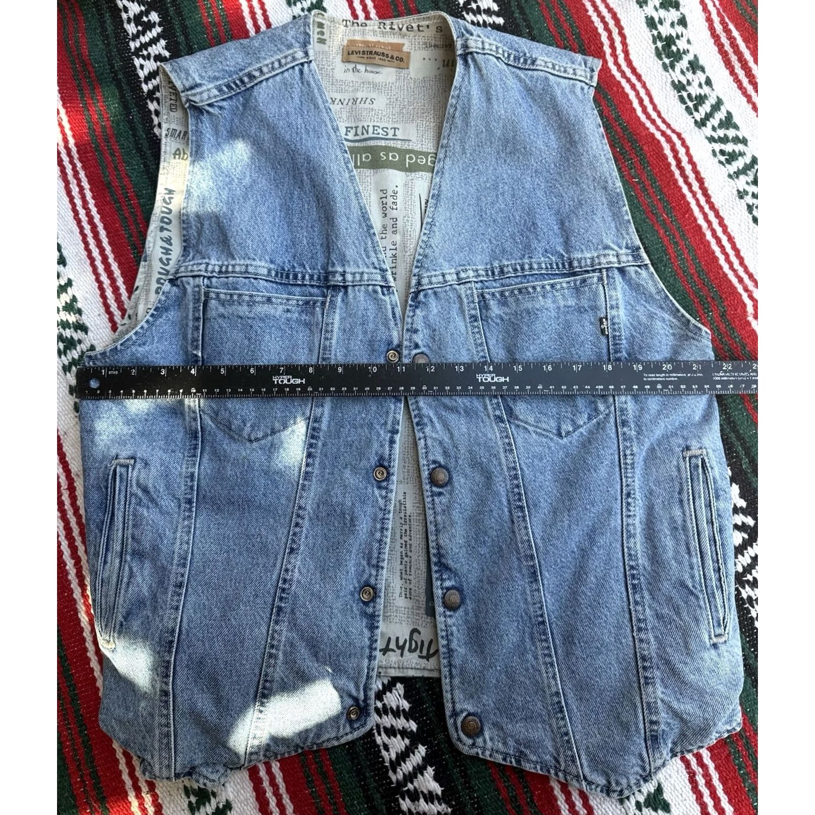 Levi's VINTAGE Levi's Denim Vest Mens M Reversible Newspaper Print Trucker Style Blue 90s Theme Fans Womens? Size US M / EU 48-50 / 2 - 7 Thumbnail
