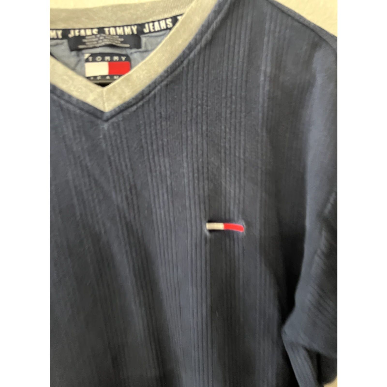 Tommy Hilfiger VINTAGE Tommy Hilfiger Tommy Jeans Pullover Sweater Long Sleeve V-Neck Ribbed Blue XL Men - 2000s Shirt? Size US XL / EU 56 / 4 - 4 Thumbnail
