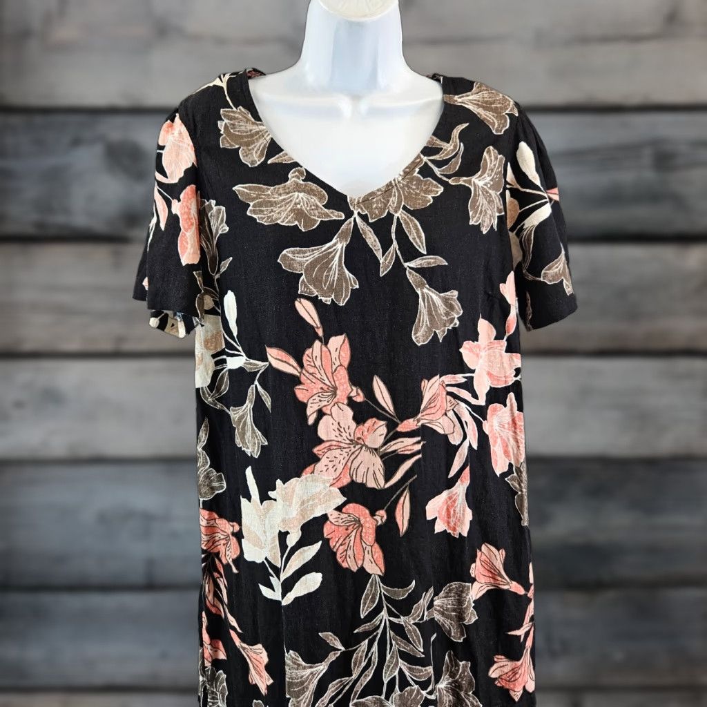 Nicole Miller Nicole Miller Womens Dress L Black Floral Short Sleeve Linen Blend Size 36" / US 14 / IT 50 - 1 Thumbnail