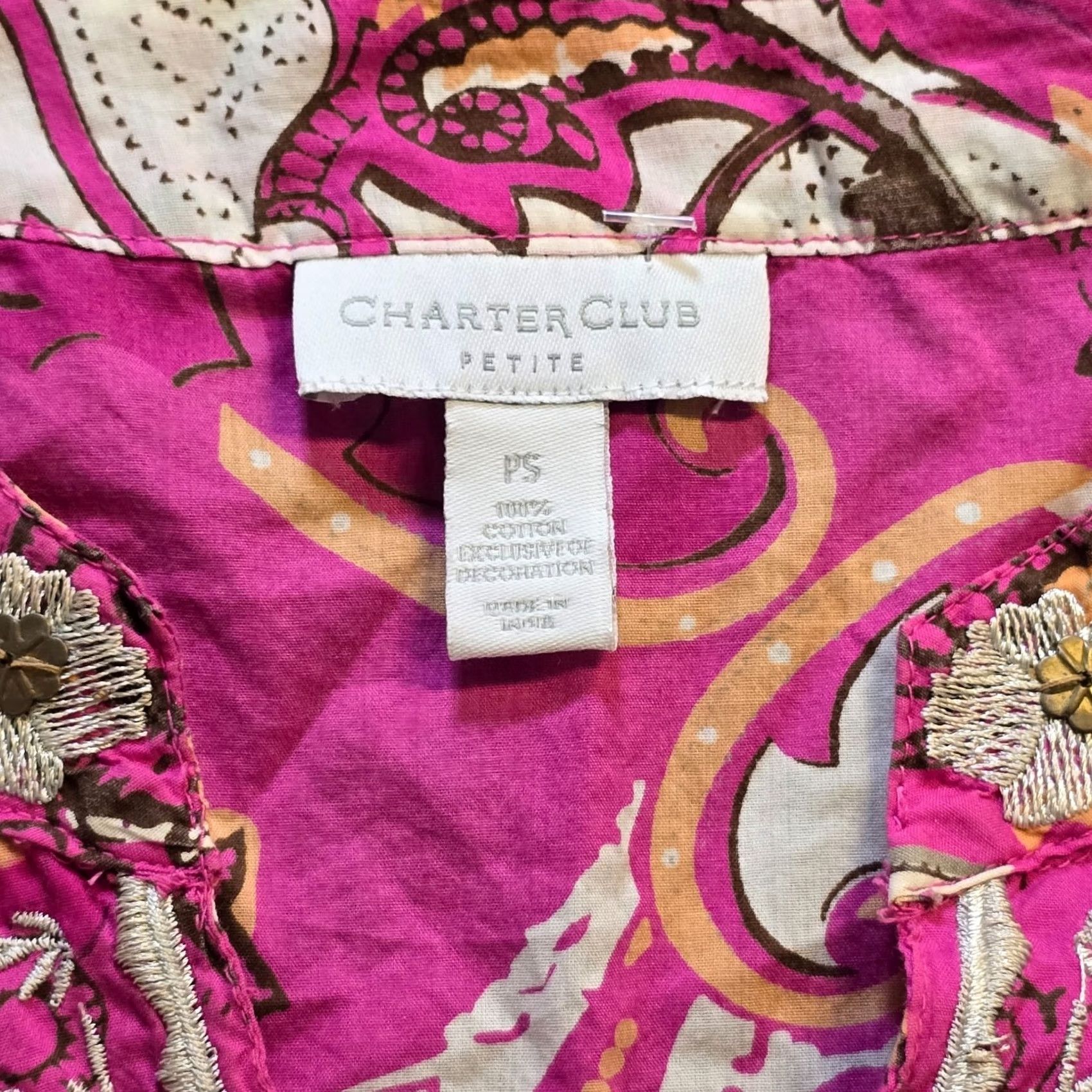 Charter Club Charter Club Top Women Petite PS Pink Paisley Embroidered Tunic Preppy Casual Shirt Blouse Size S / US 4 / IT 40 - 5 Thumbnail