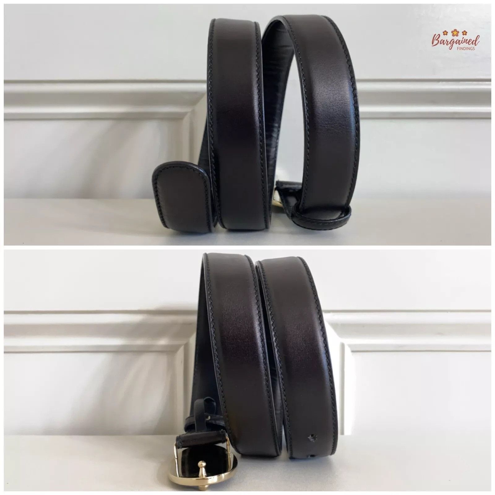 Gucci GUCCI Black Calfskin Leather Gold Script Oval Buckle Belt Size 32 - 5 Thumbnail