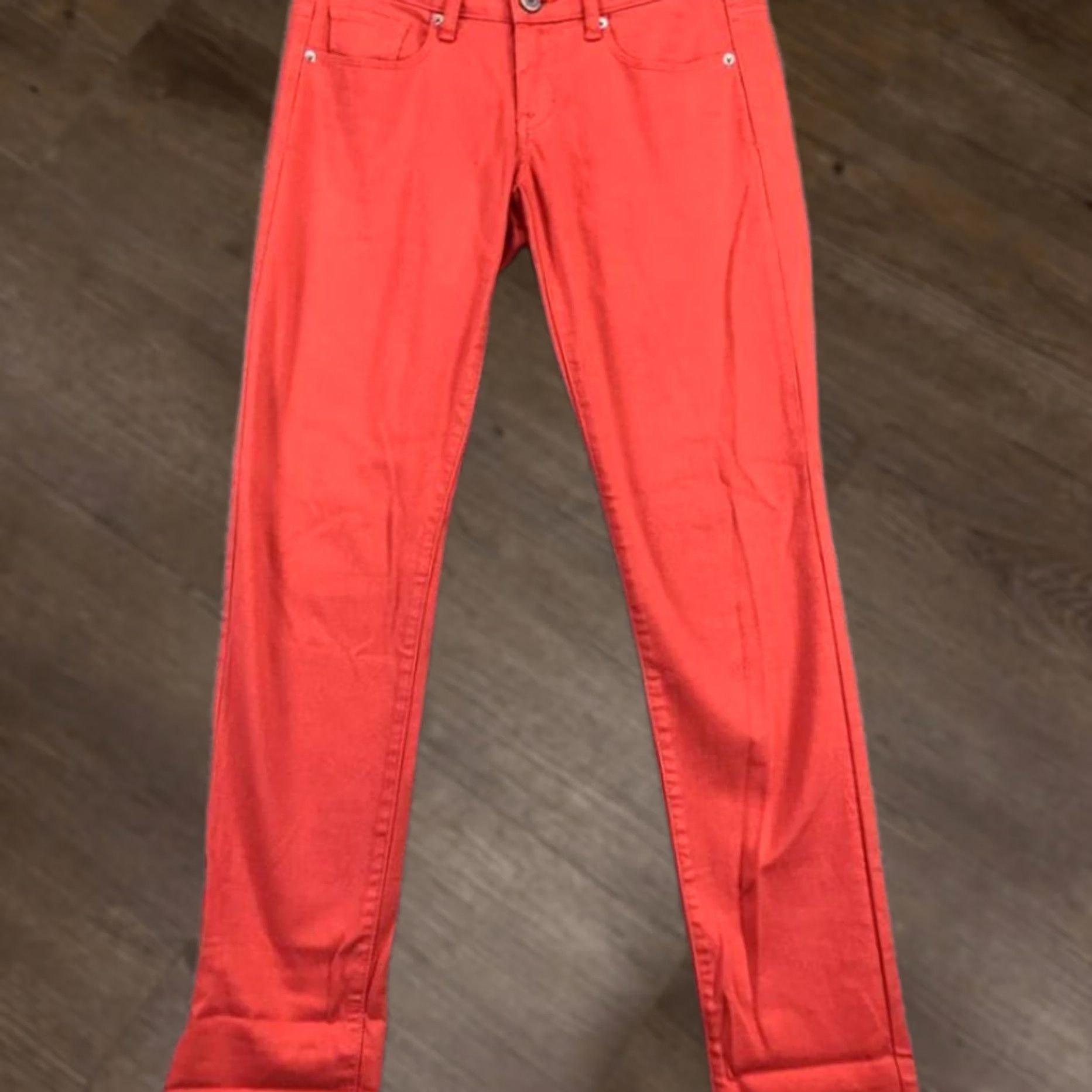 Vintage American Eagle Jeans Women 2 Orange Denim Skinny Stretch Low Rise Button Waist 30 Inseam 32 Ladies Size 26" / US 2 / IT 38 - 1 Thumbnail