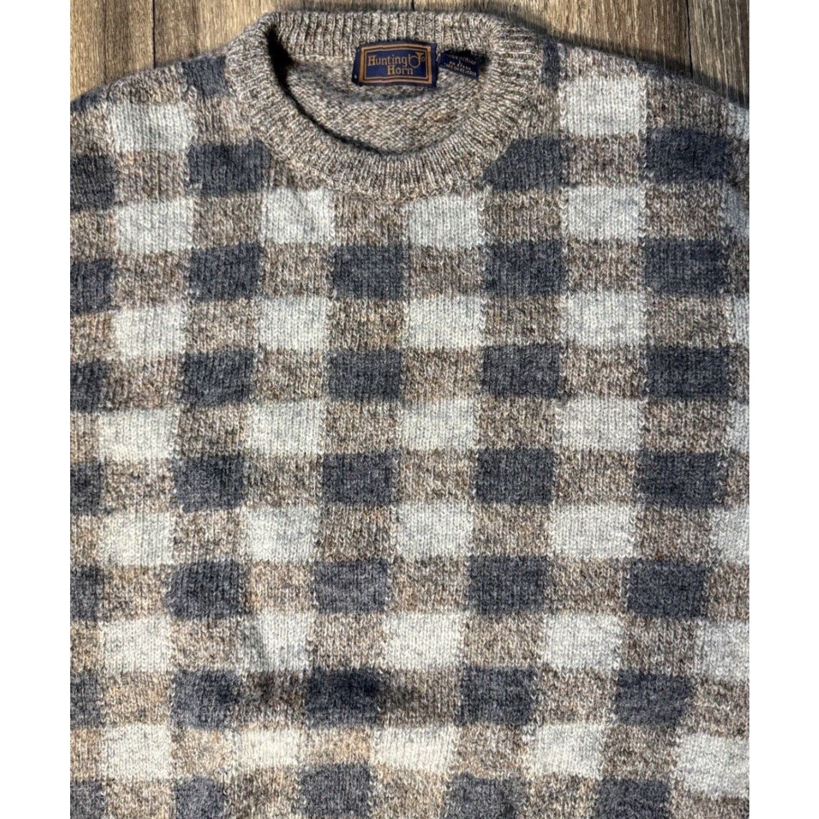 Vintage VINTAGE Hunting Horns Sweater Checkered Knit Wool Italian Made Large Crew Neck Long Sleeve Unisex Adults 90s Gray Size US L / EU 52-54 / 3 - 4 Thumbnail