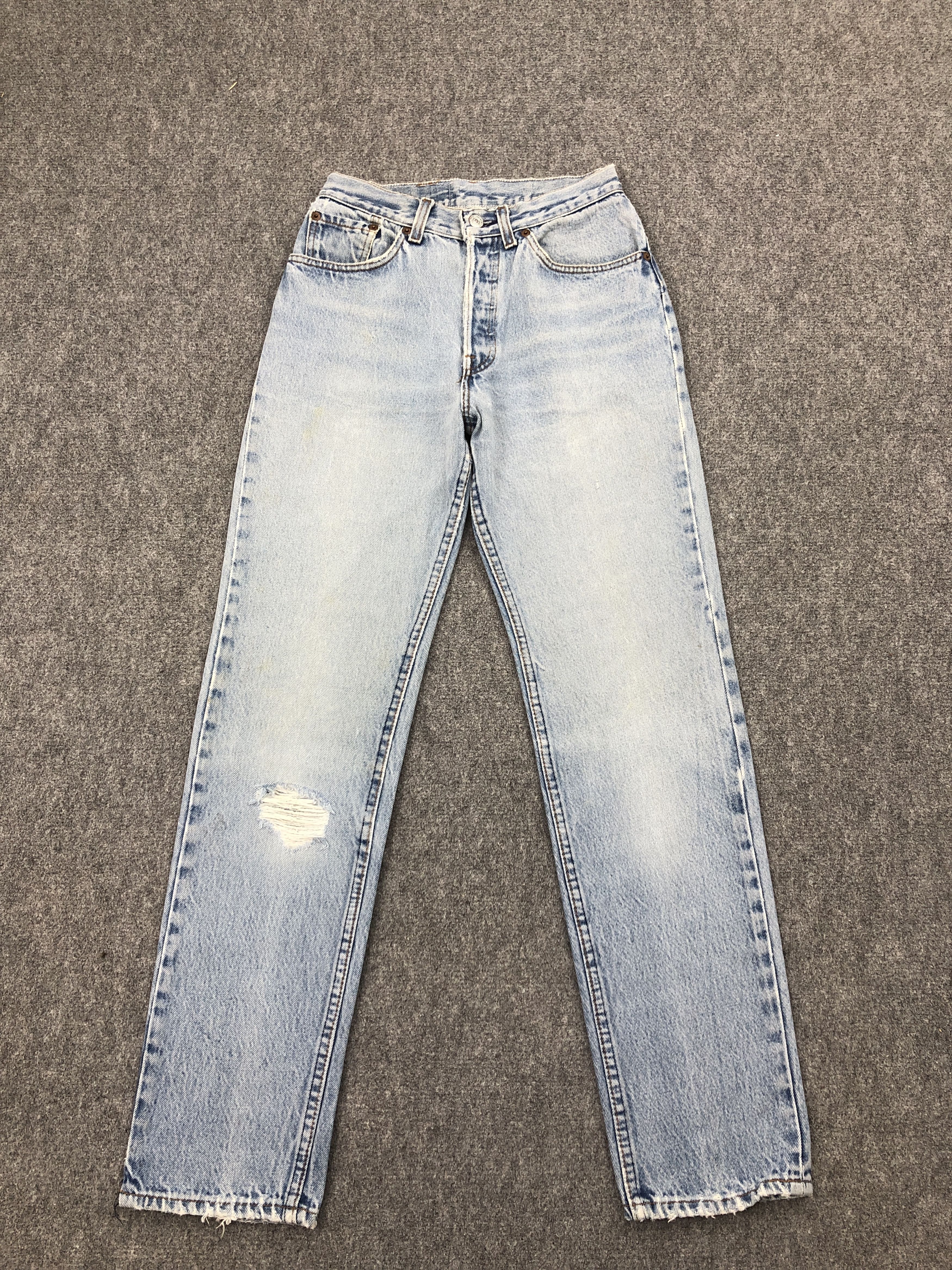 image of Ripped Vintage 80's Levis 501 Light Washed Jeans in Blue Denim, Men's (Size 26)