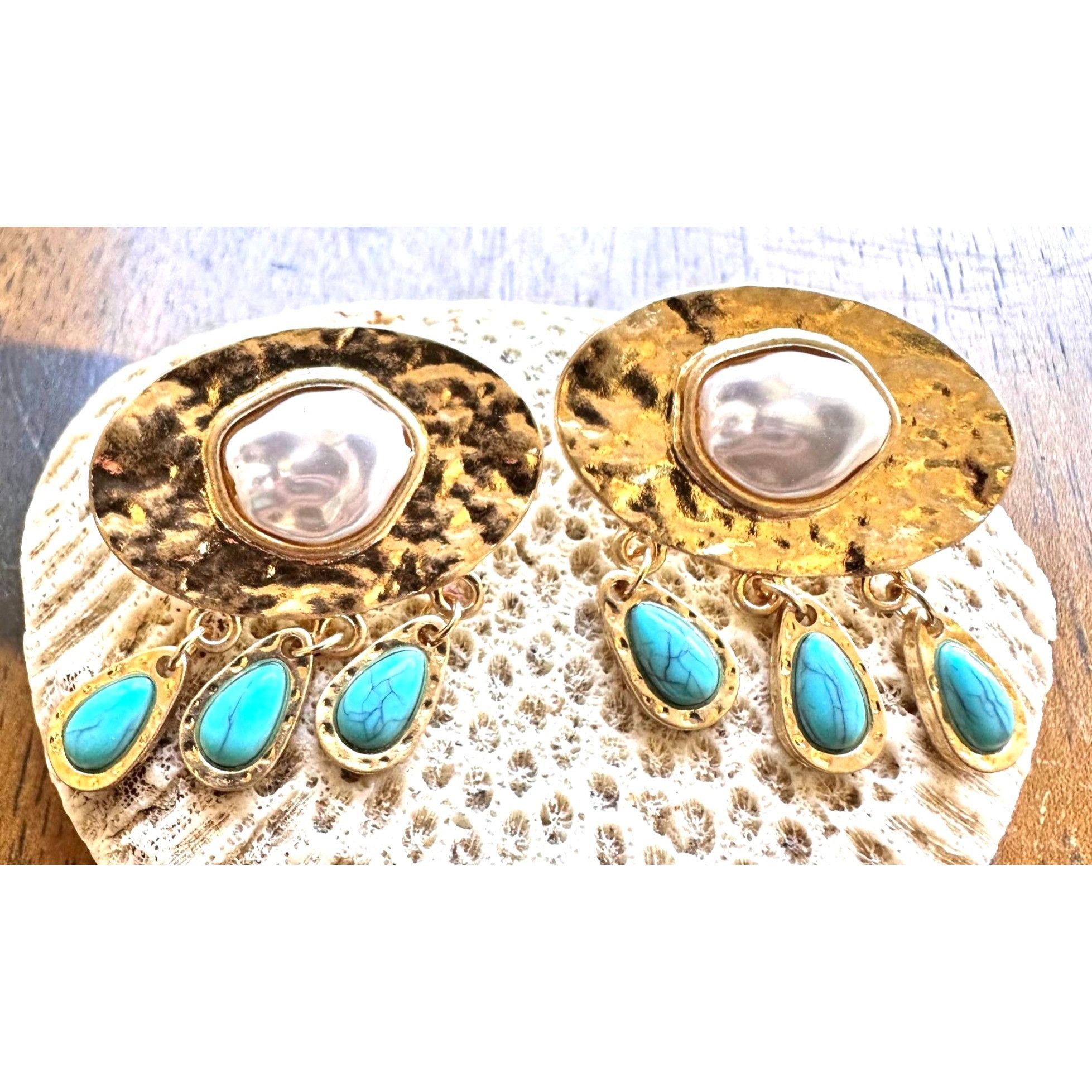 Handmade Hammered Metal Faux Pearl Turquoise Earrings Posts New Crui Size ONE SIZE - 3 Thumbnail