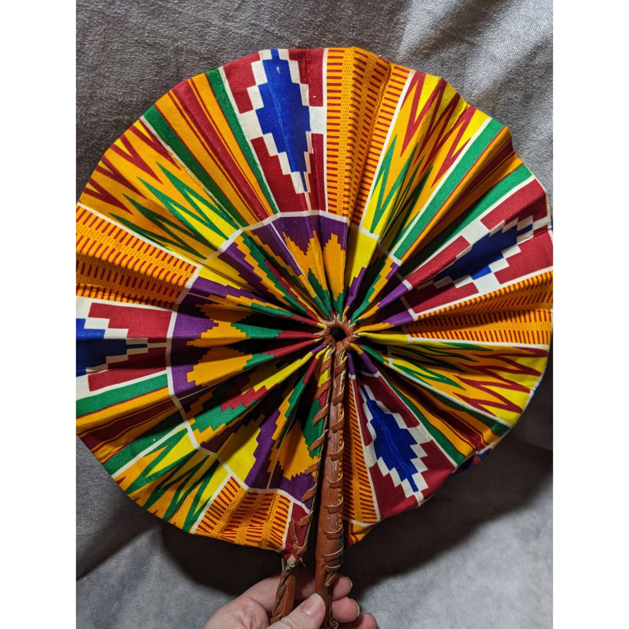 Other Handmade African Fabric Fan Double Sided Leather Handle Size ONE SIZE - 8 Thumbnail