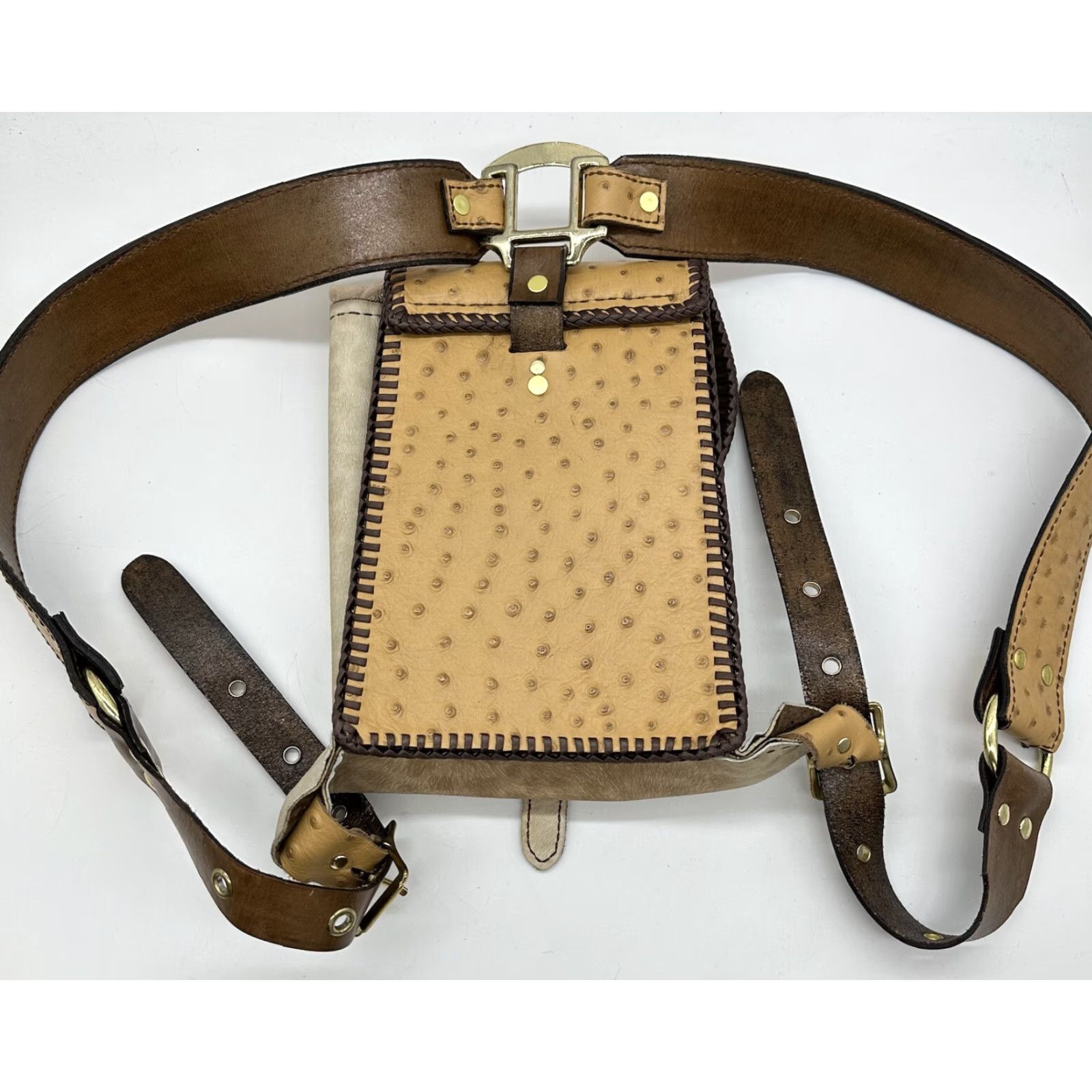 Skin Womens Backpack Orange Tan Ostrich Leather Small Drawstring Cowgirl Stitch Leather BackPack Womens Size ONE SIZE - 7 Thumbnail
