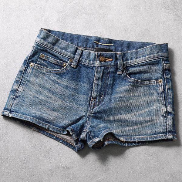image of Saint Laurent Paris Oc11Z10524 Skinny-Fit Spirit Denim Shorts In Blue, Women's (Size 26)