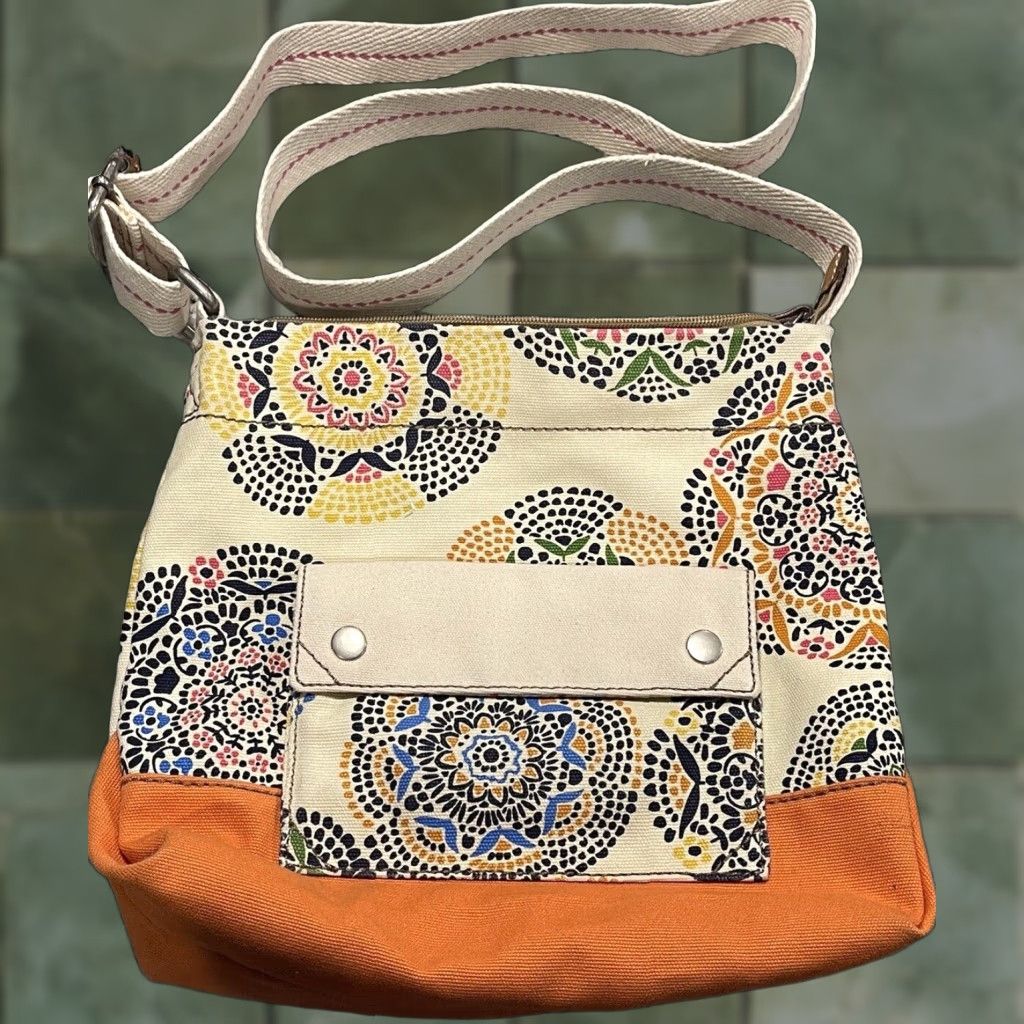 Fossil Fossil Lena Crossbody Tote Orange Floral Canvas Medium Womens Bag Purse Satchel Size ONE SIZE - 1 Thumbnail