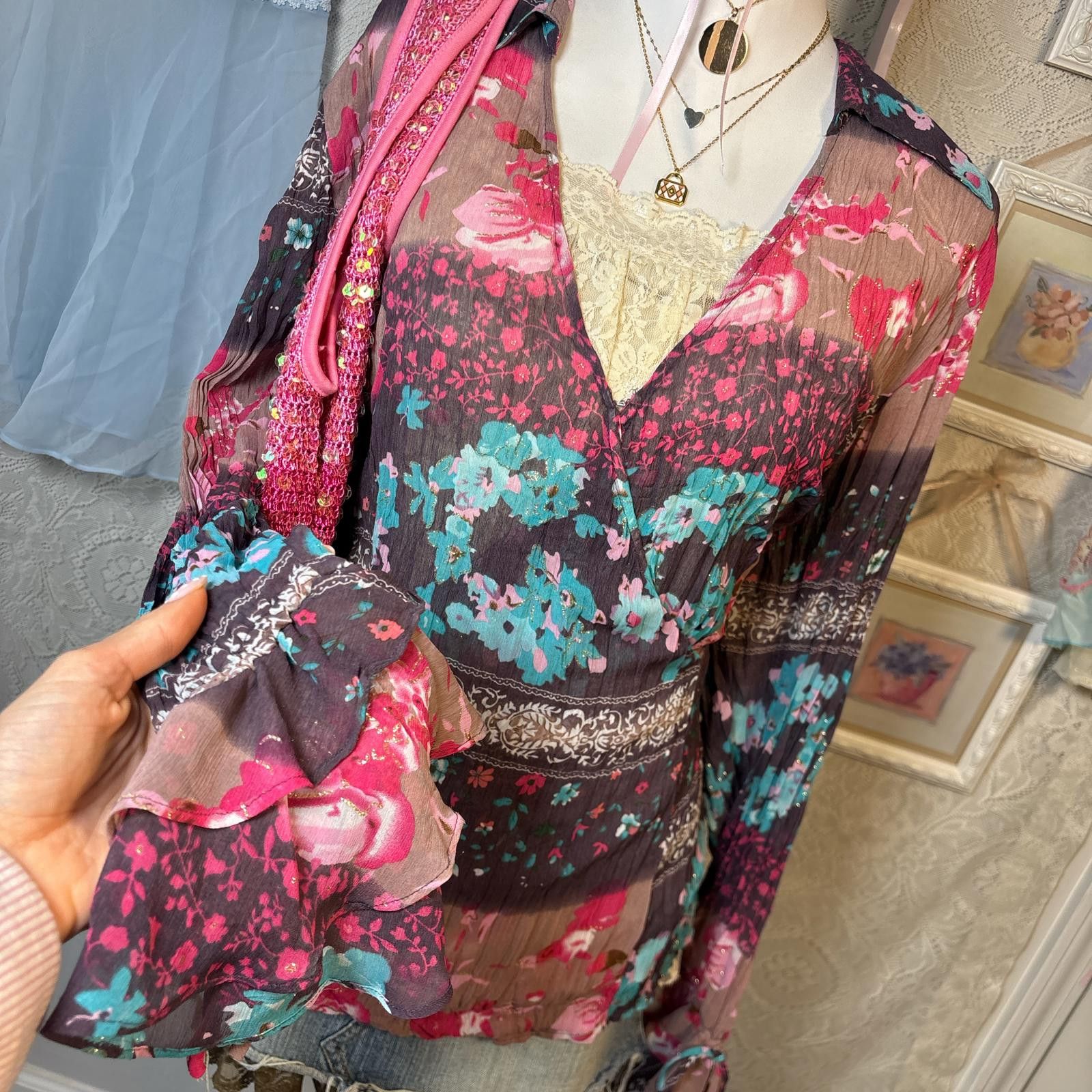 Other vintage silky fairy core floral blouse Size XL / US 12-14 / IT 48-50 - 4 Thumbnail